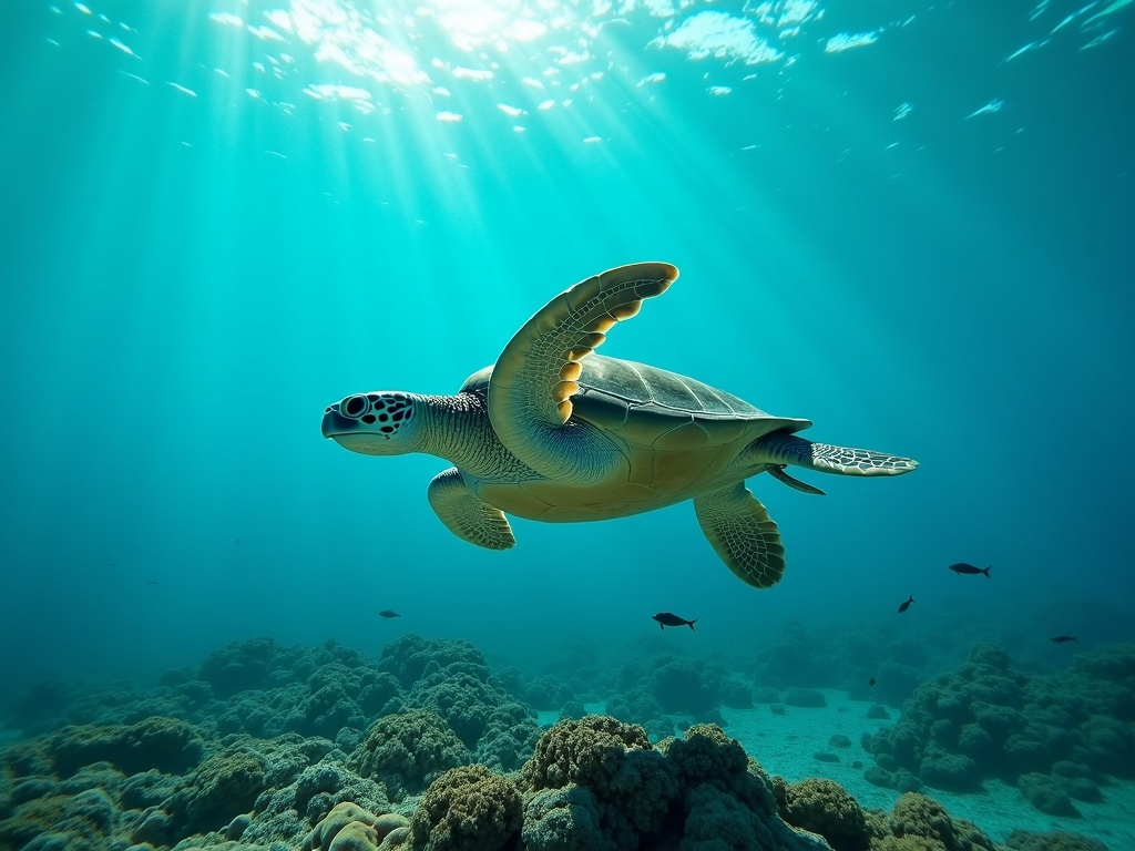 Green sea turtle gliding over a shallow reef in clear water near the Gili Islands