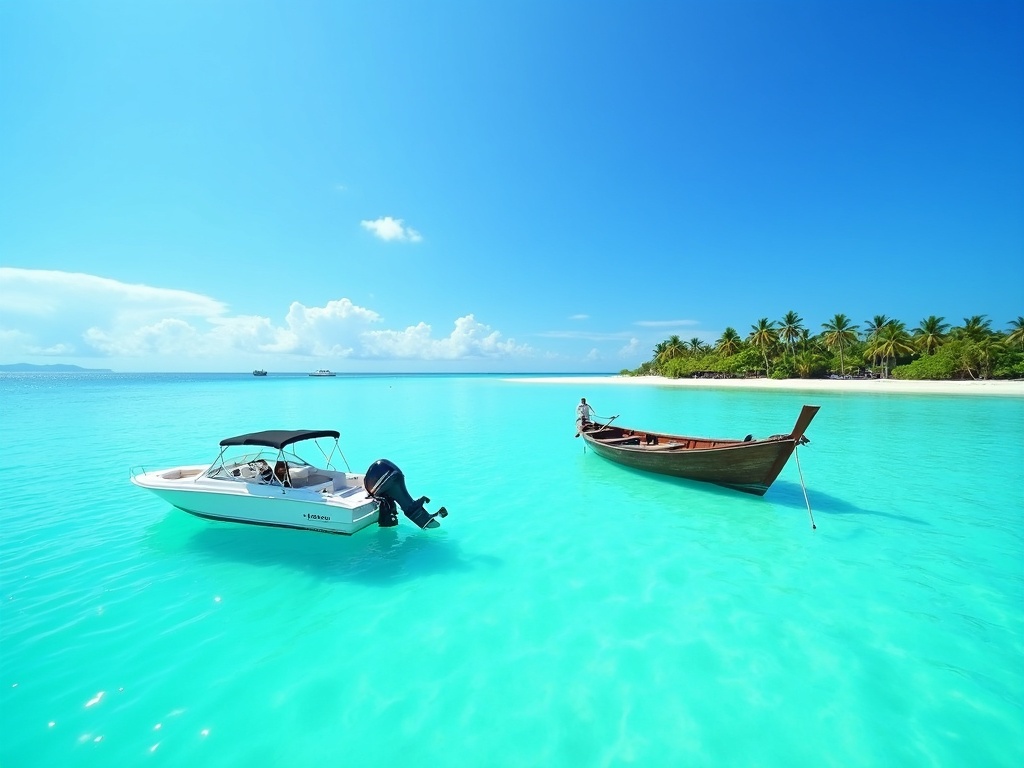 Private speedboat and traditional wooden boat anchored on turquoise shallows off a Gili beach