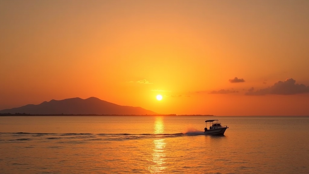 Golden-hour sunset over calm sea near the Gili Islands with a distant mountain silhouette