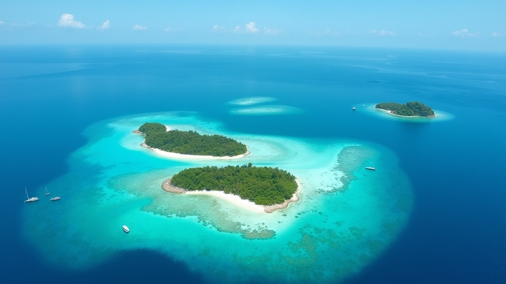 Aerial view of the three Gili Islands and their turquoise reef-fringed waters off Lombok